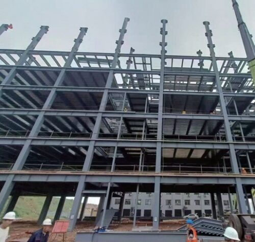 Multi-storey structural steel frame under construction