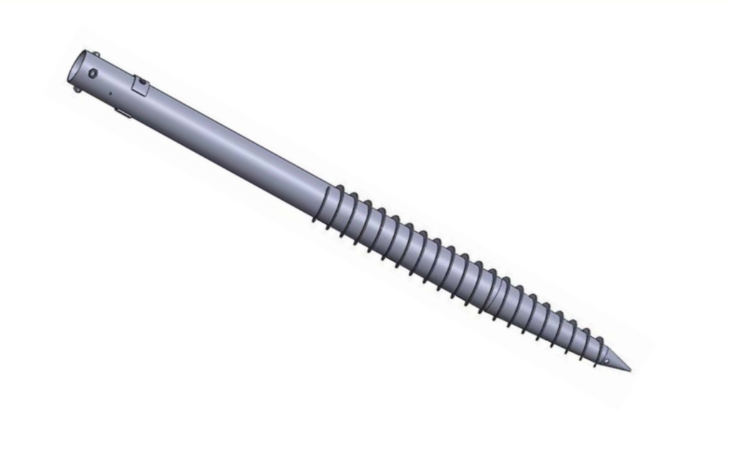 Ground screw anchor showing shaft, helical plate and connection head