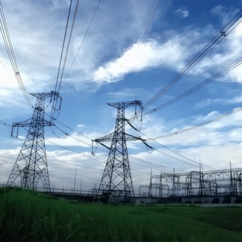 High-voltage transmission towers and substation steelwork