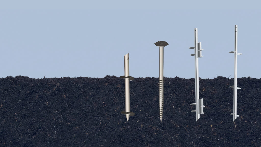 Ground screw pile product configurations illustrated against a soil profile