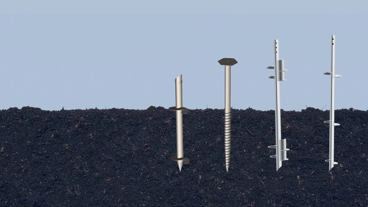 East Baoyu ground screw pile range showing different shafts, helices, tips and head connections