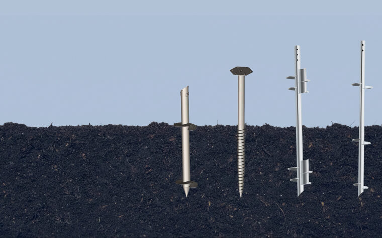 Ground screw pile product range shown against a soil profile