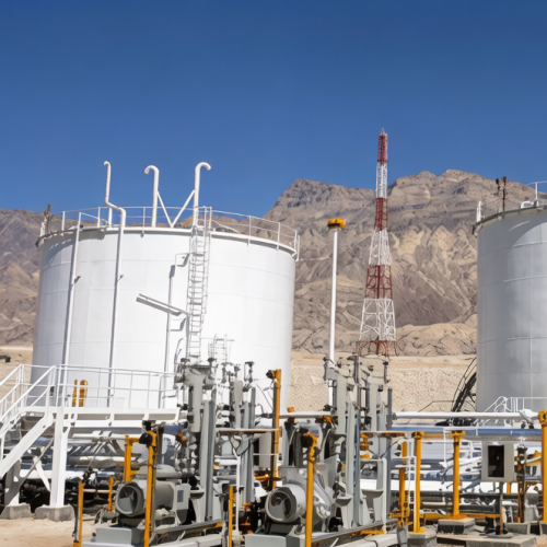 Oil and gas storage tanks with steel access platforms and pipework