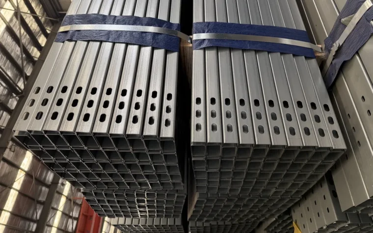 Packed steel components prepared for export shipment