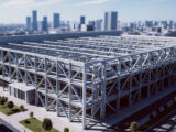 Long-span steel industrial building frame with roof bracing