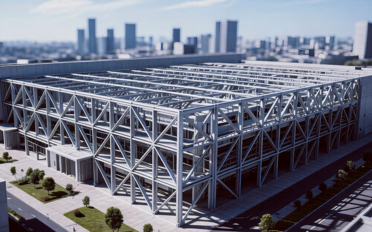 Braced steel industrial building frame in an urban setting
