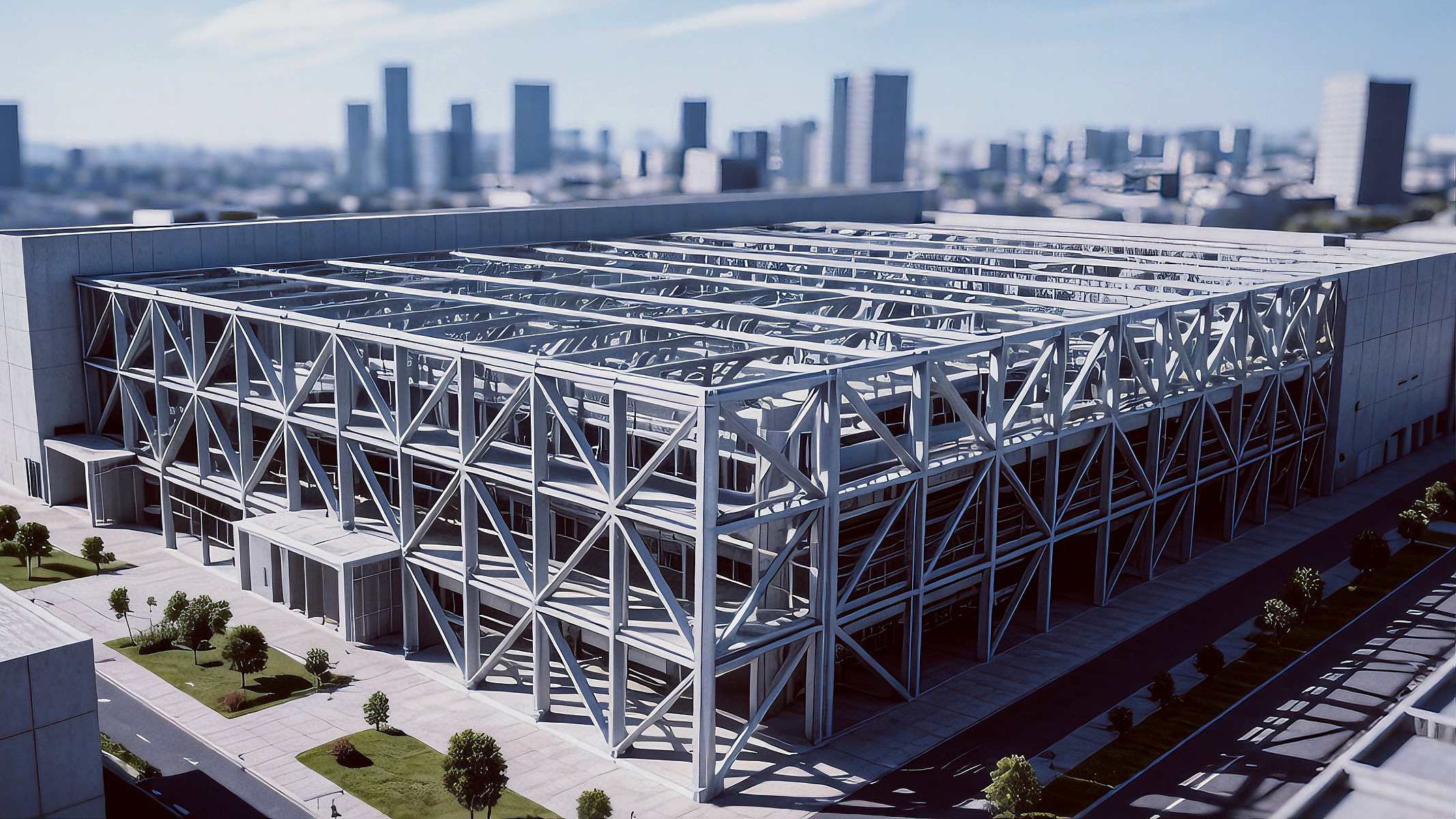 Braced steel industrial building frame in an urban setting