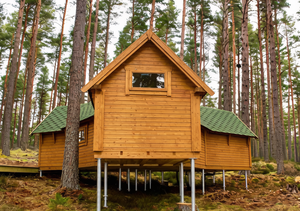 Timber cabin supported on ground screw piles in a forest setting