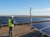 Conceptual utility-scale solar array with a weather mast and engineer reviewing wind-speed input information.