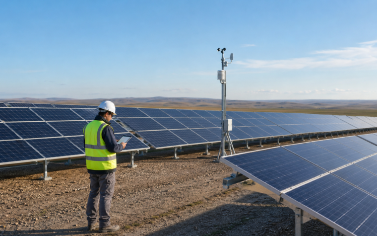 Conceptual utility-scale solar array with a weather mast and engineer reviewing wind-speed input information.