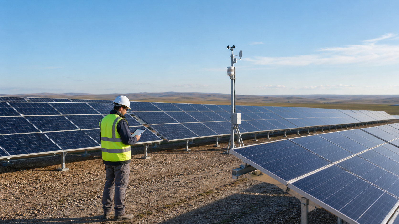 Conceptual utility-scale solar array with a weather mast and engineer reviewing wind-speed input information.