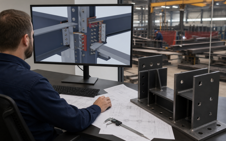 Fabrication engineer compares a detailed structural steel connection model, drawings and a fabricated connection assembly beside an active workshop.