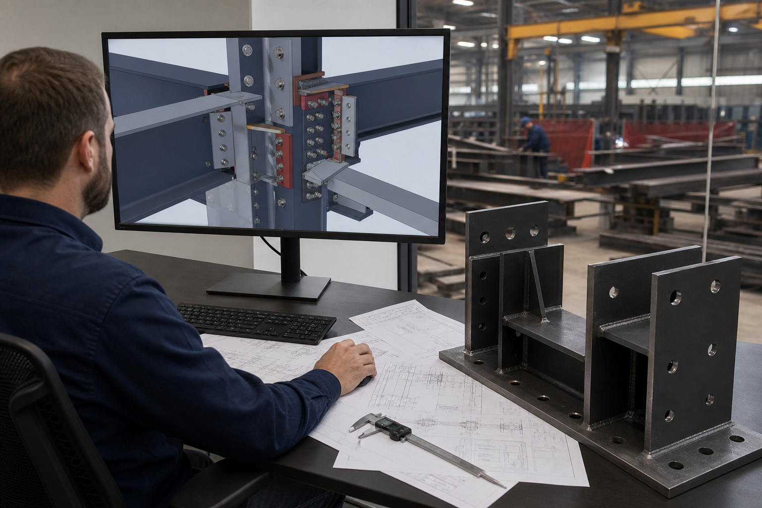 Fabrication engineer compares a detailed structural steel connection model, drawings and a fabricated connection assembly beside an active workshop.