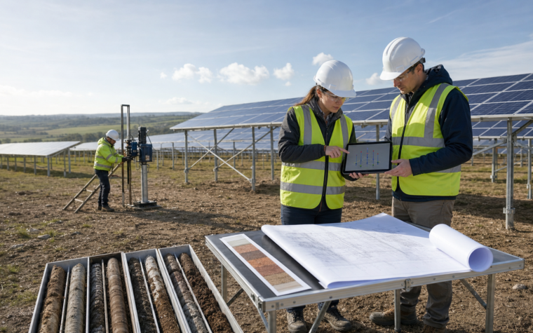 Two engineers review a structural model and controlled site drawings beside soil samples, a trial installation rig and ground-mounted photovoltaic rows.