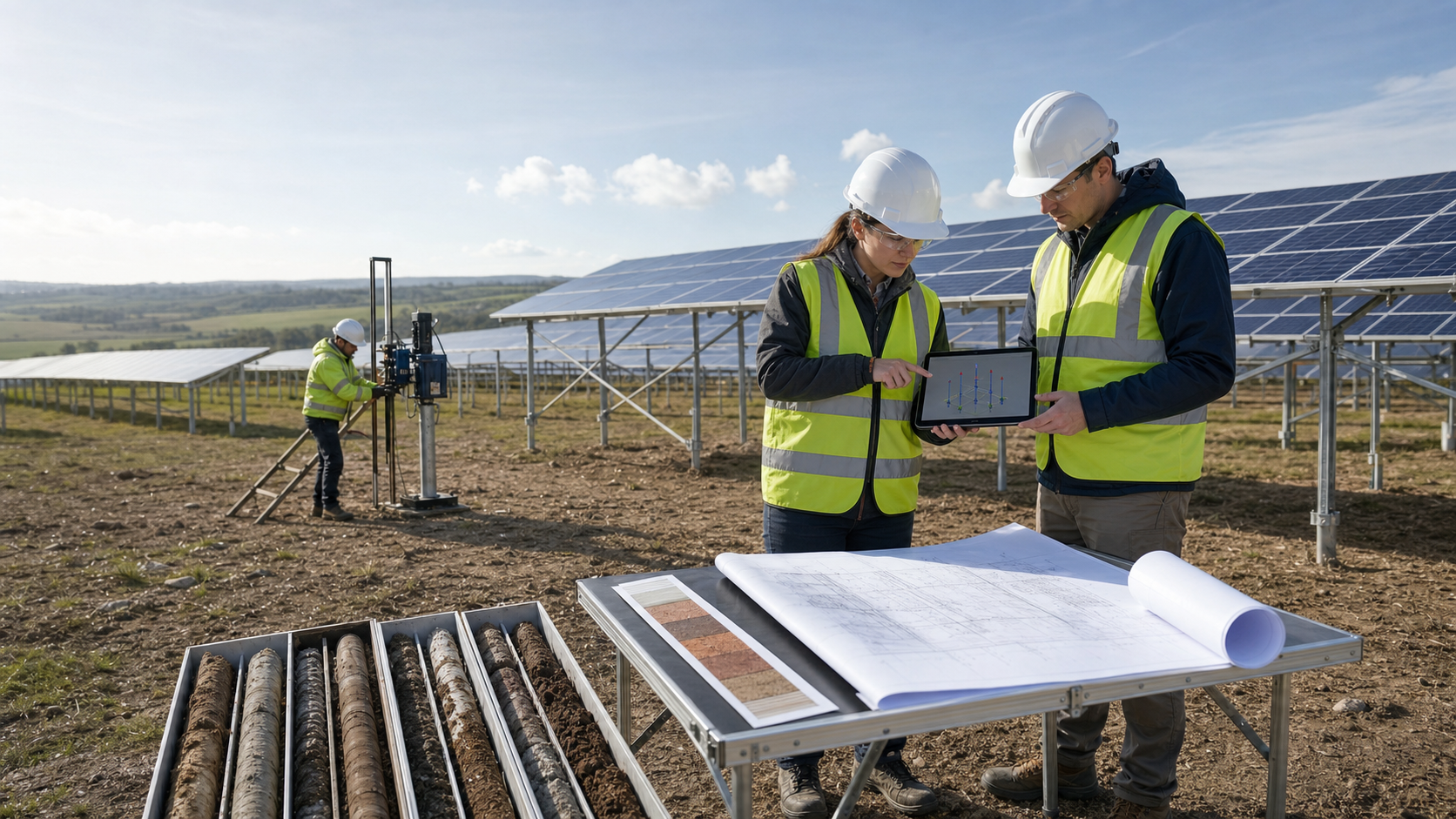 Two engineers review a structural model and controlled site drawings beside soil samples, a trial installation rig and ground-mounted photovoltaic rows.