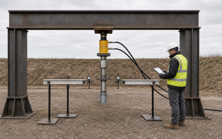 An engineered reaction frame, hydraulic jack, load cell and independent movement reference are arranged above an installed ground screw while a field engineer observes.