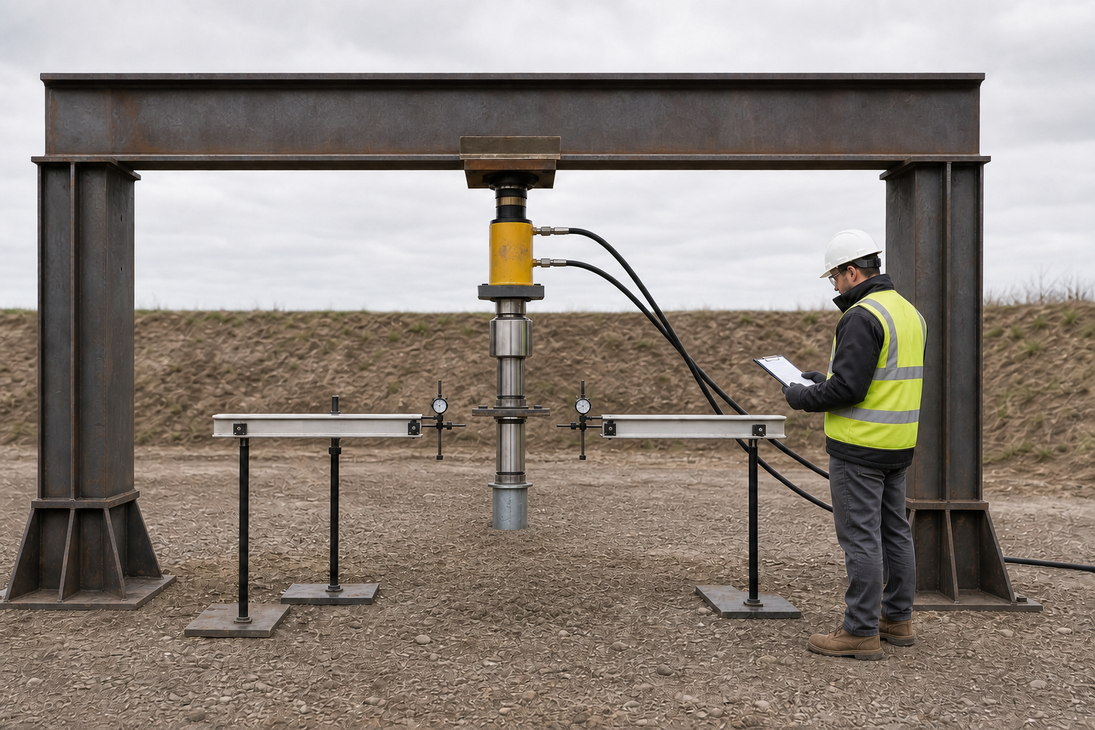 An engineered reaction frame, hydraulic jack, load cell and independent movement reference are arranged above an installed ground screw while a field engineer observes.