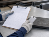 Gloved quality inspector reviews a generic blank inspection sheet and a metal identification tag beside a steel plate.