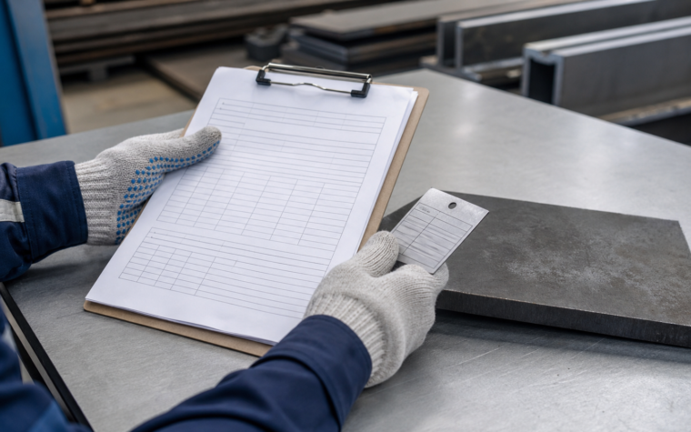 Gloved quality inspector reviews a generic blank inspection sheet and a metal identification tag beside a steel plate.