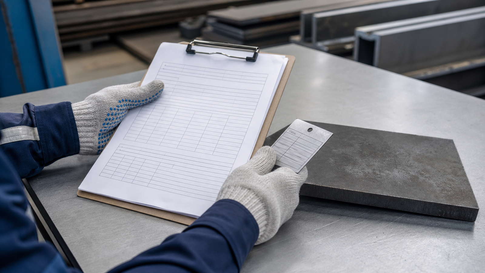 Gloved quality inspector reviews a generic blank inspection sheet and a metal identification tag beside a steel plate.