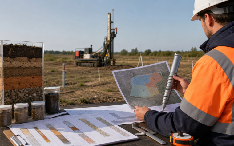 Conceptual field scene with soil samples, borehole-log-inspired sheets, a site zoning map, a generic ground screw and a geotechnical drill rig.