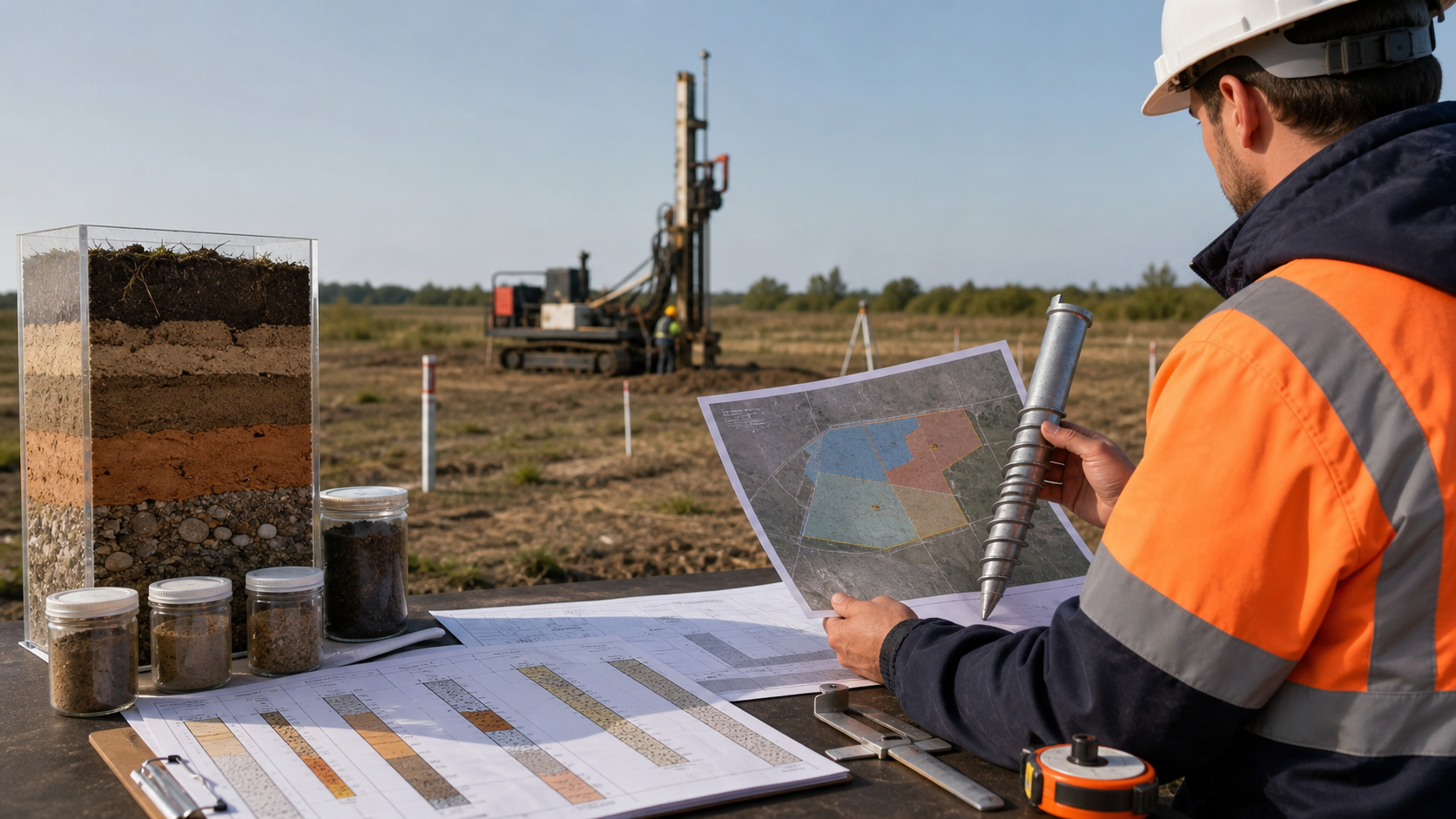 Conceptual field scene with soil samples, borehole-log-inspired sheets, a site zoning map, a generic ground screw and a geotechnical drill rig.