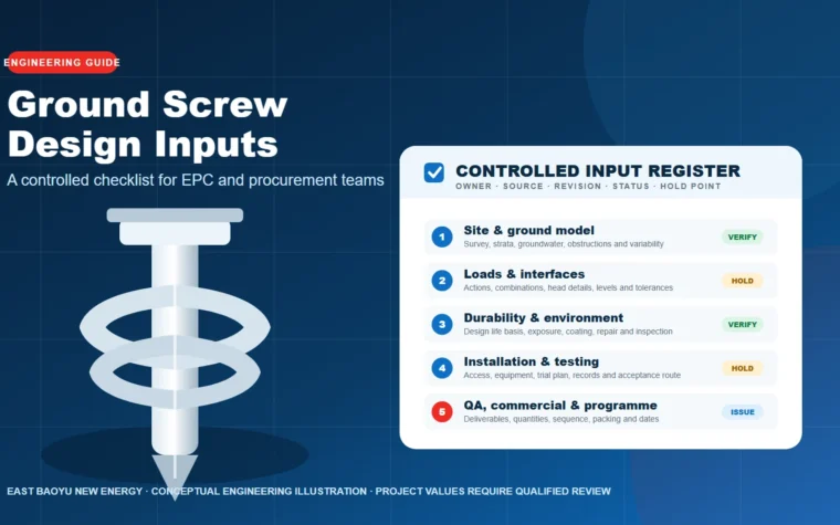 Ground screw design input checklist with five controlled project input groups