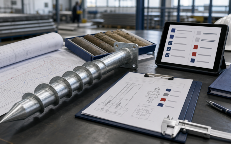 Ground screw beside a site plan, soil samples, technical drawing and checklist interface on an engineering review desk.