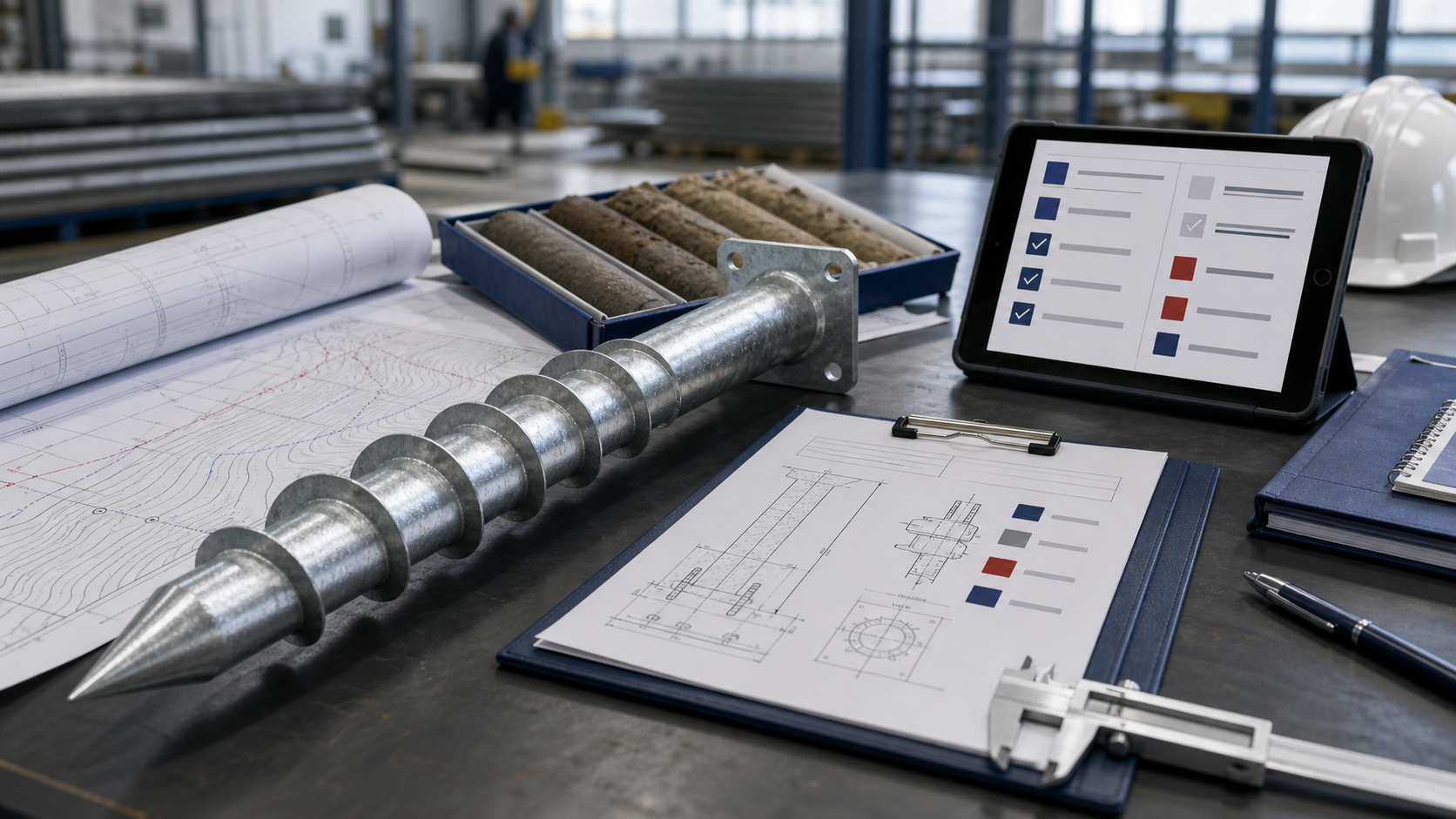 Ground screw beside a site plan, soil samples, technical drawing and checklist interface on an engineering review desk.