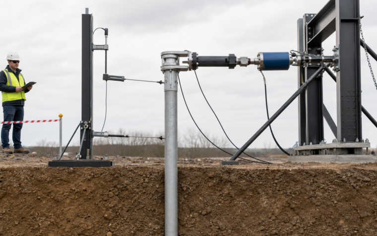 Conceptual side view of a galvanized ground screw under horizontal loading with a reaction frame, load cell, independent reference system and displacement gauges.
