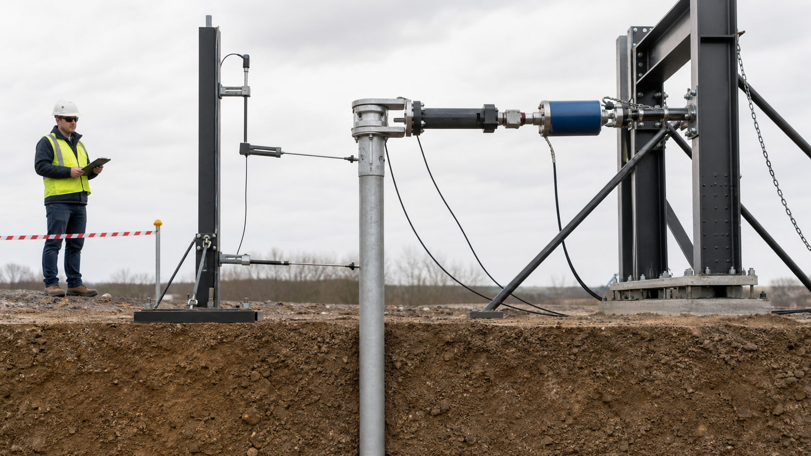 Conceptual side view of a galvanized ground screw under horizontal loading with a reaction frame, load cell, independent reference system and displacement gauges.