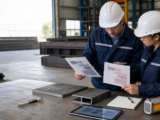 Two engineering reviewers compare abstract material documents beside steel plate and section samples, a caliper and an identification instrument in a workshop setting.