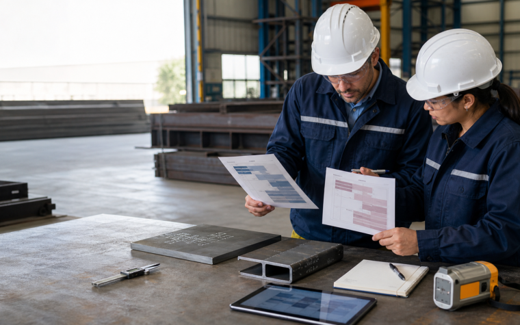 Two engineering reviewers compare abstract material documents beside steel plate and section samples, a caliper and an identification instrument in a workshop setting.