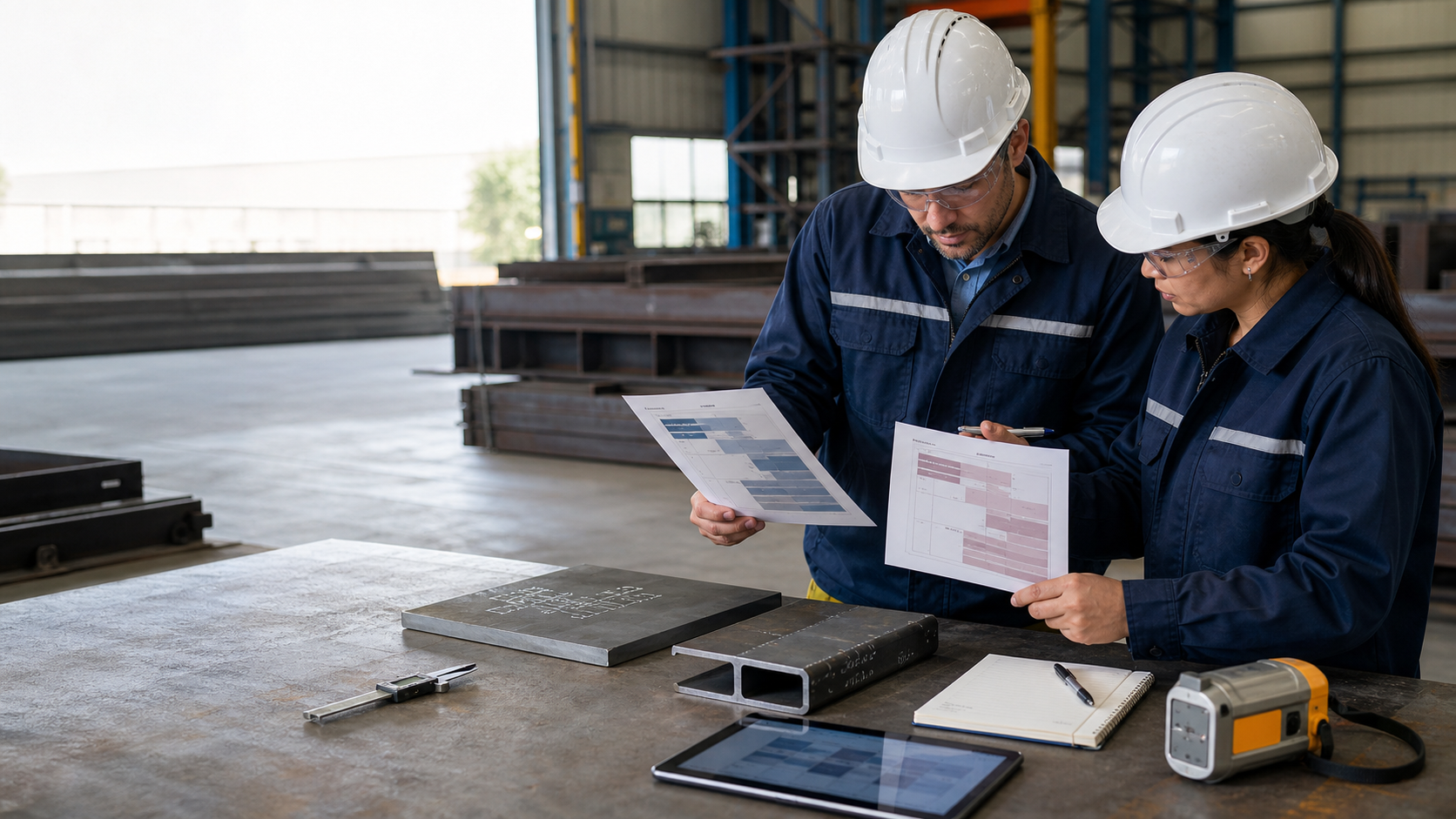 Two engineering reviewers compare abstract material documents beside steel plate and section samples, a caliper and an identification instrument in a workshop setting.