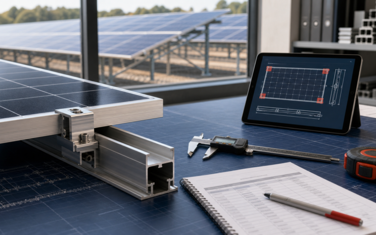 Conceptual engineering workbench with a photovoltaic module frame, clamp, rail, measuring tools and a generic interface drawing.