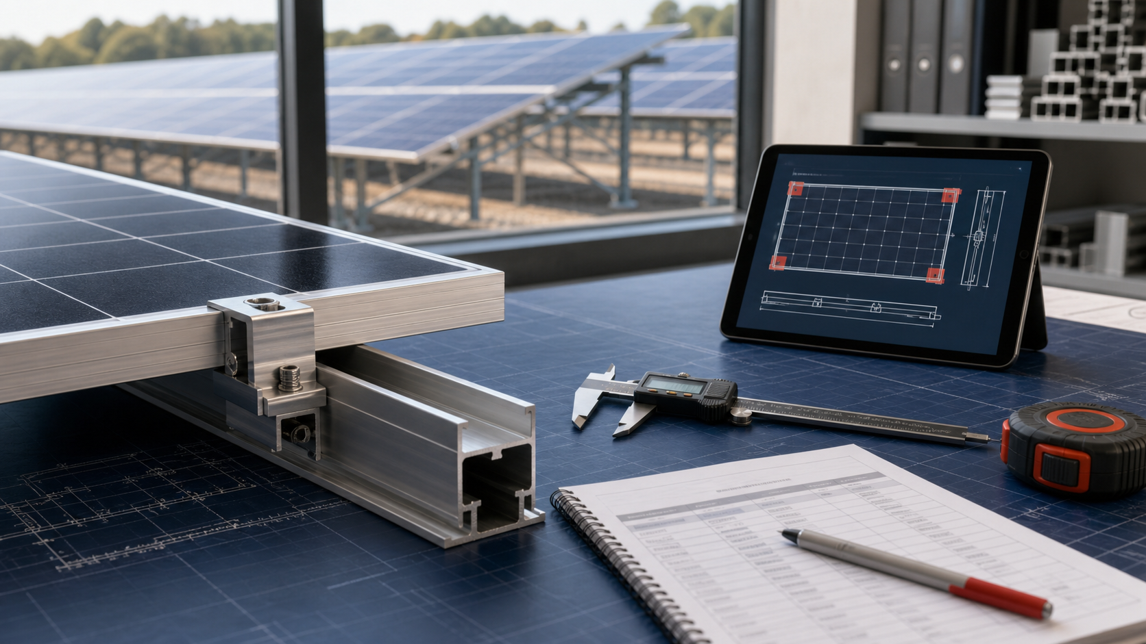 Conceptual engineering workbench with a photovoltaic module frame, clamp, rail, measuring tools and a generic interface drawing.