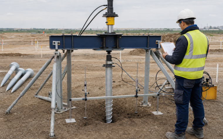 Ground screw, reaction structure, hydraulic loading equipment, independent displacement reference and an engineer reviewing a test matrix at a prepared site.