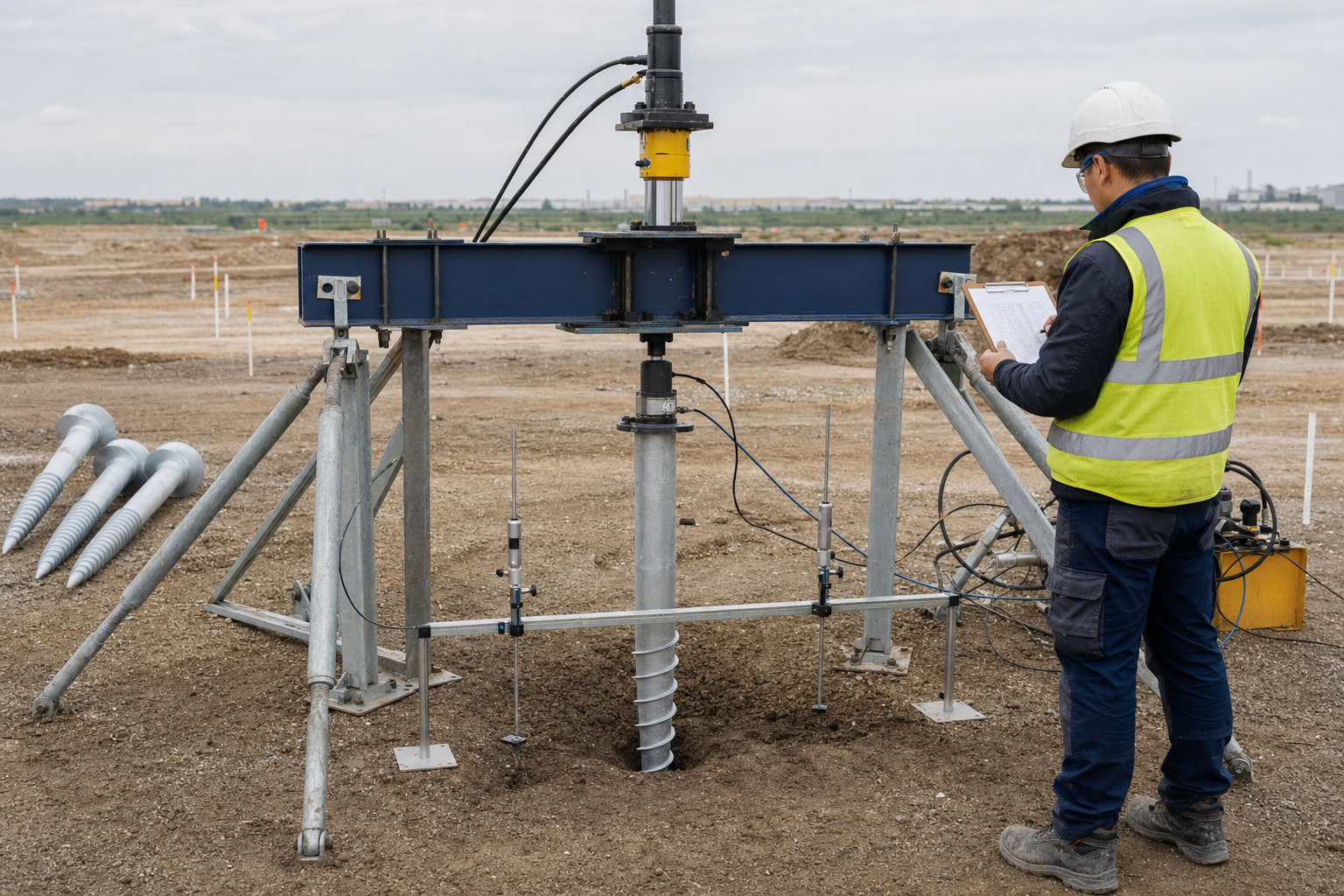 Ground screw, reaction structure, hydraulic loading equipment, independent displacement reference and an engineer reviewing a test matrix at a prepared site.