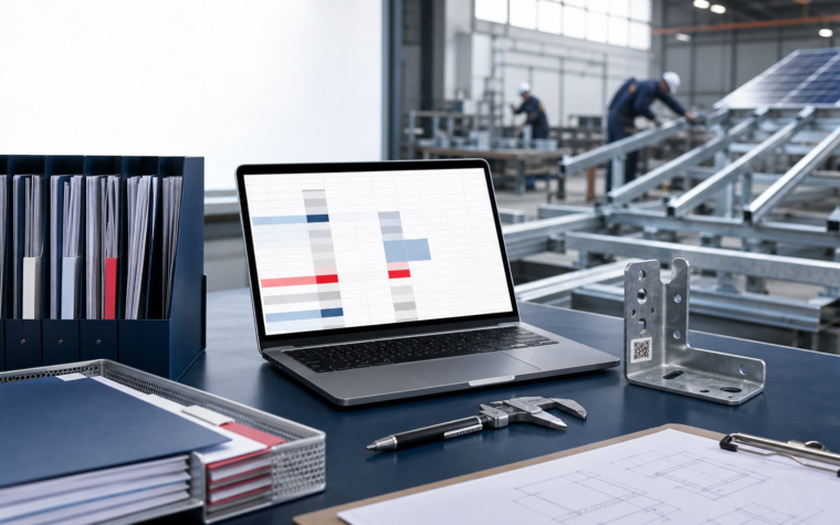 Conceptual document-control workstation beside a steel and solar mounting component workshop, with an abstract status register on a laptop.
