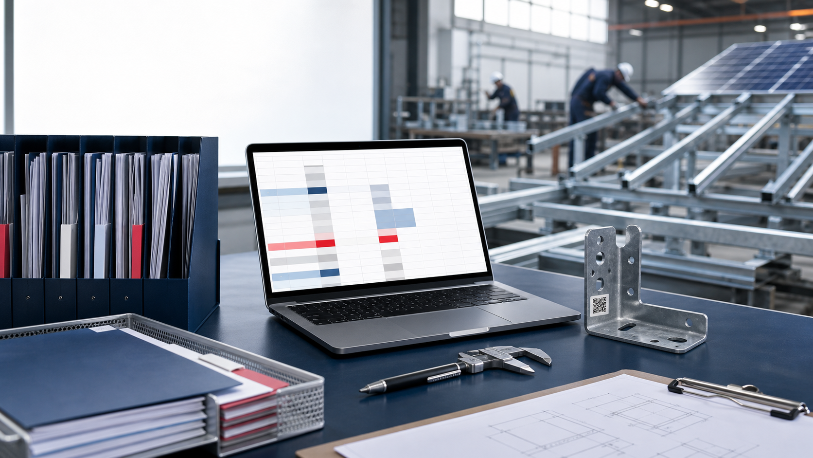 Conceptual document-control workstation beside a steel and solar mounting component workshop, with an abstract status register on a laptop.