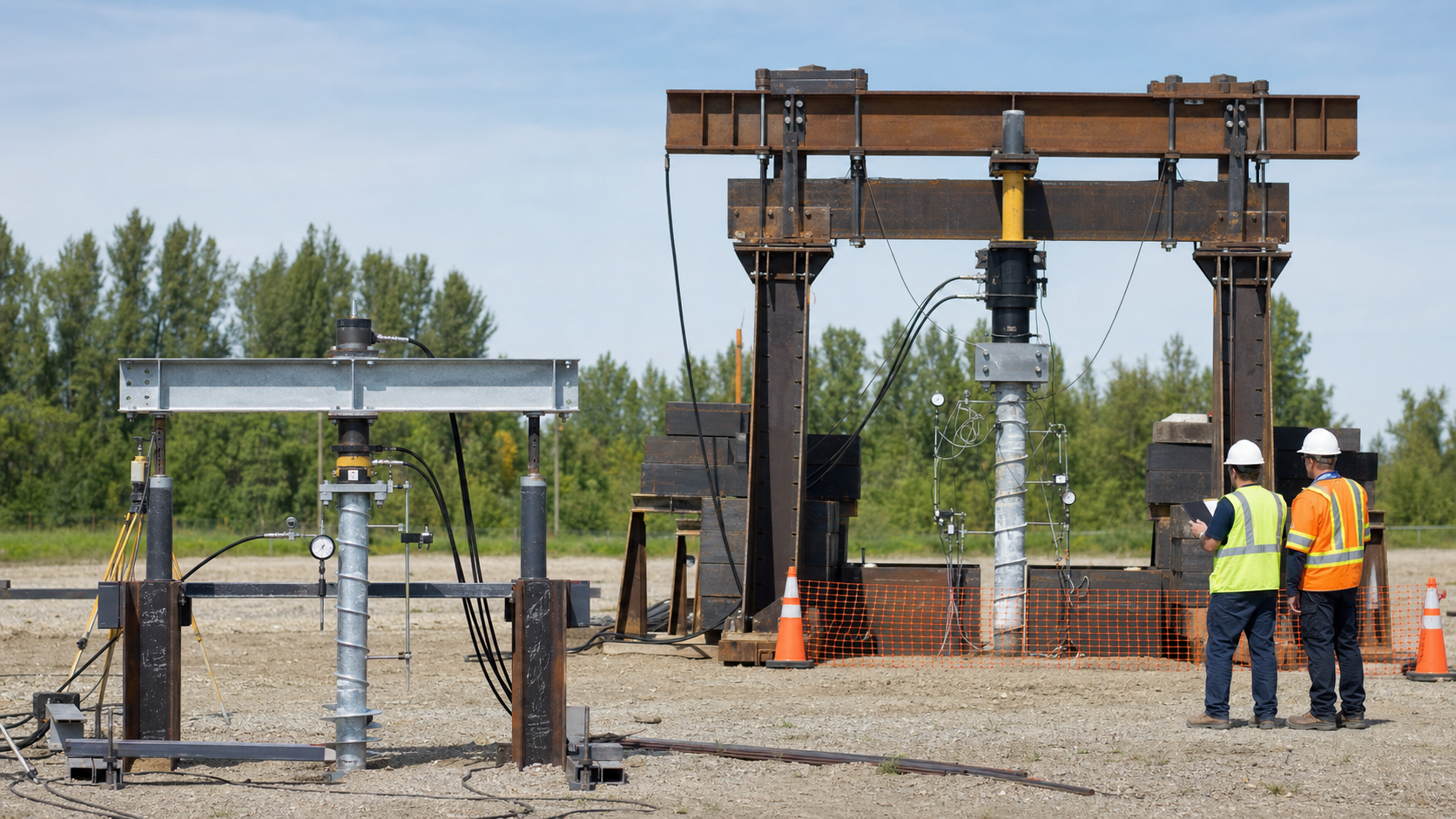 Editorial concept showing a compact verification station and a separate, larger investigation station for helical screw piles.