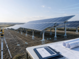 Conceptual solar mounting design review with survey equipment, module rows, foundation points and controlled drawings