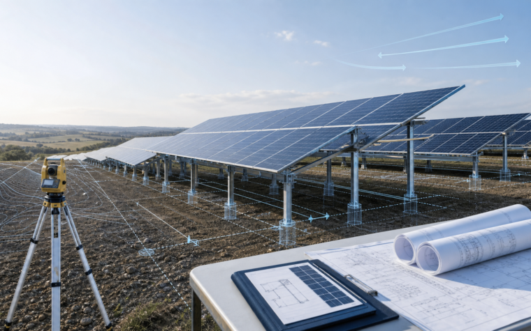 Conceptual solar mounting design review with survey equipment, module rows, foundation points and controlled drawings