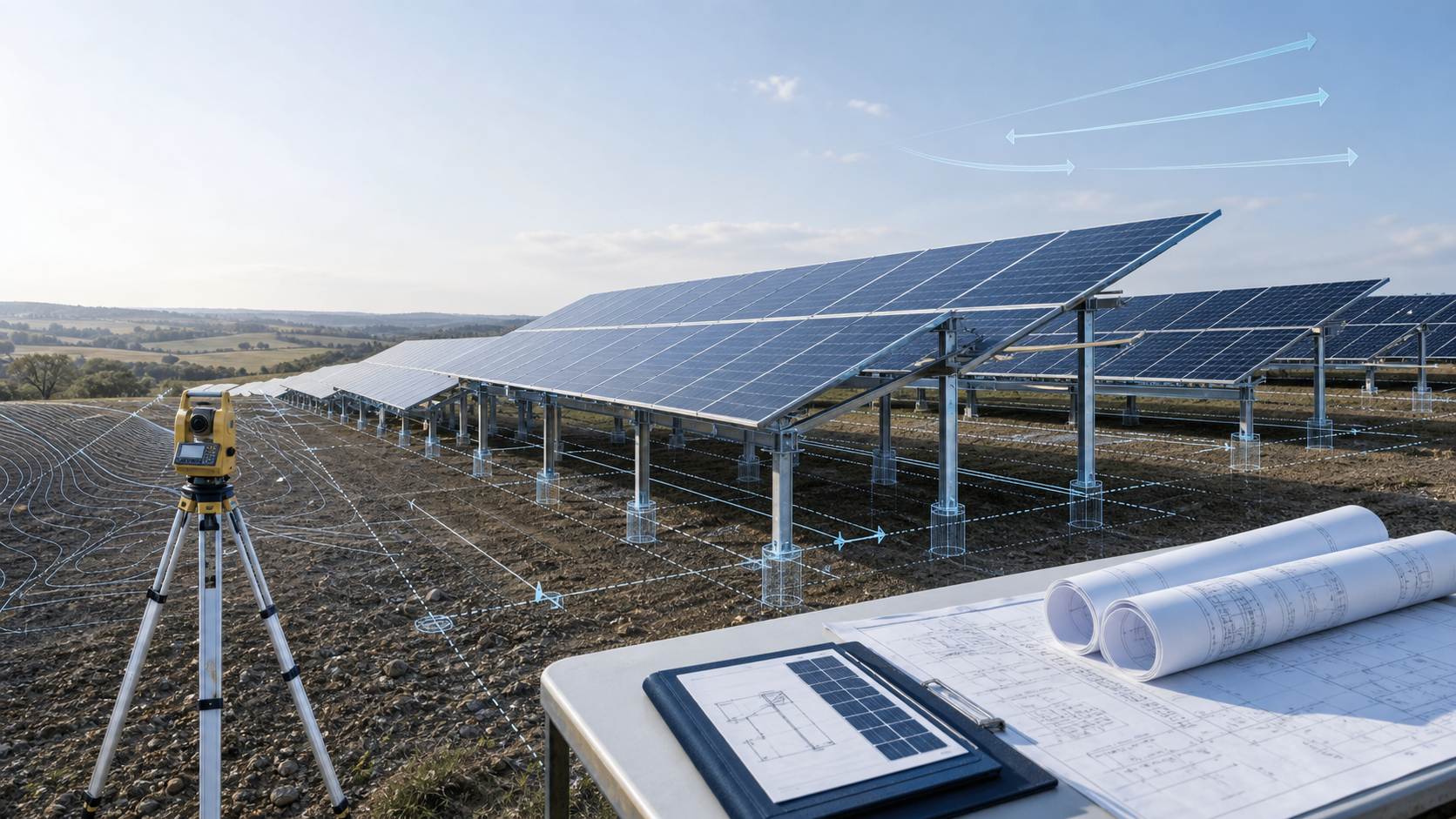 Conceptual solar mounting design review with survey equipment, module rows, foundation points and controlled drawings
