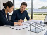 Buyer and supplier engineer reviewing a solar mounting project input sheet beside a mounting model.
