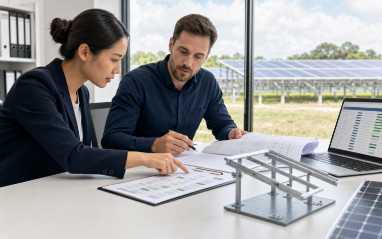 Buyer and supplier engineer reviewing a solar mounting project input sheet beside a mounting model.
