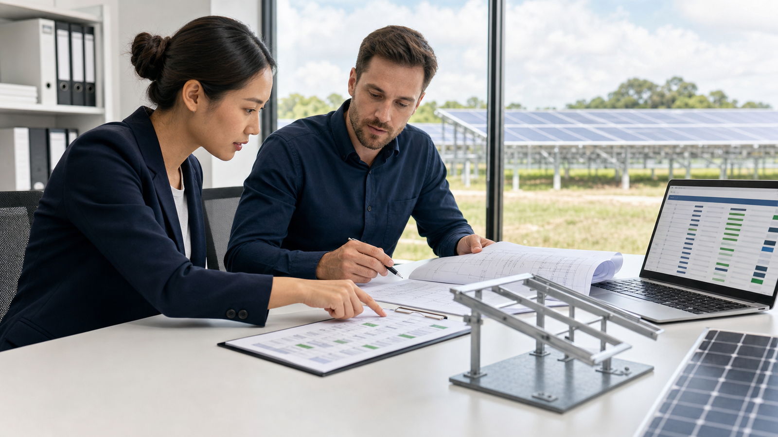 Buyer and supplier engineer reviewing a solar mounting project input sheet beside a mounting model.