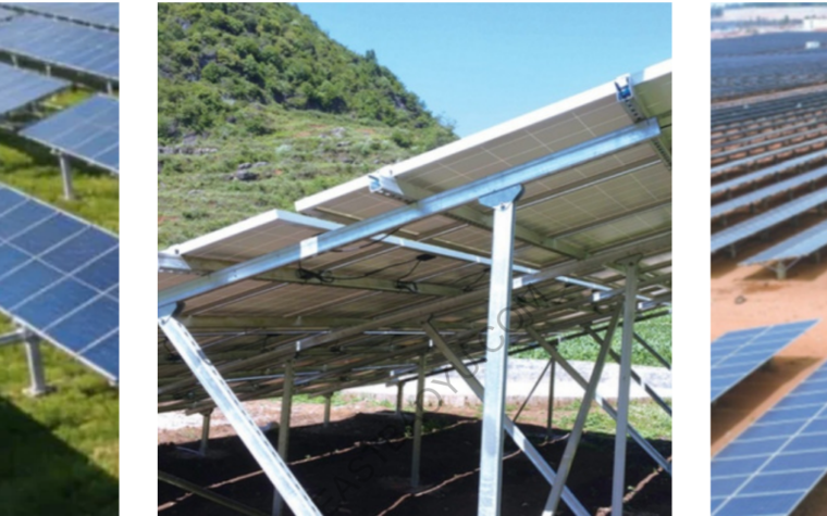 East Baoyu solar mounting catalog excerpt showing ground-mounted arrays and support structure details.