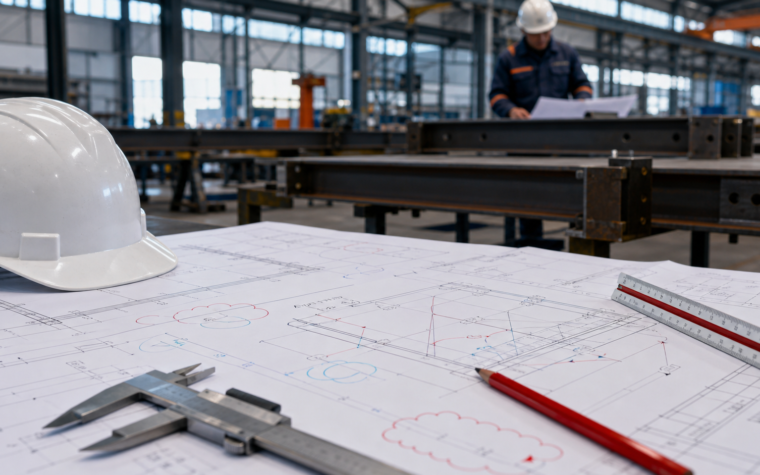 Conceptual review desk with generic steel fabrication drawings, revision clouds, measuring tools and a structural steel workshop in the background.