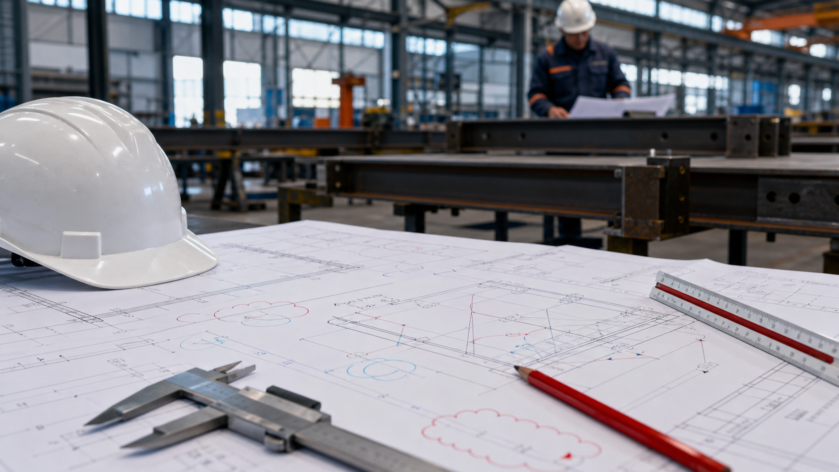 Conceptual review desk with generic steel fabrication drawings, revision clouds, measuring tools and a structural steel workshop in the background.